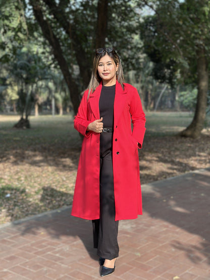 Ladies Poly Spandex Blend Overcoat – Elegant & Comfortable Winter Wear || RED