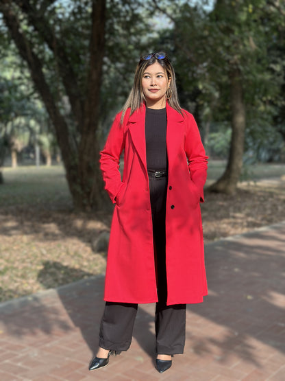 Ladies Poly Spandex Blend Overcoat – Elegant & Comfortable Winter Wear || RED