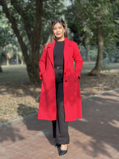 Ladies Poly Spandex Blend Overcoat – Elegant & Comfortable Winter Wear || RED