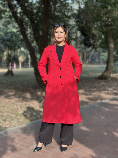 Ladies Poly Spandex Blend Overcoat – Elegant & Comfortable Winter Wear || RED