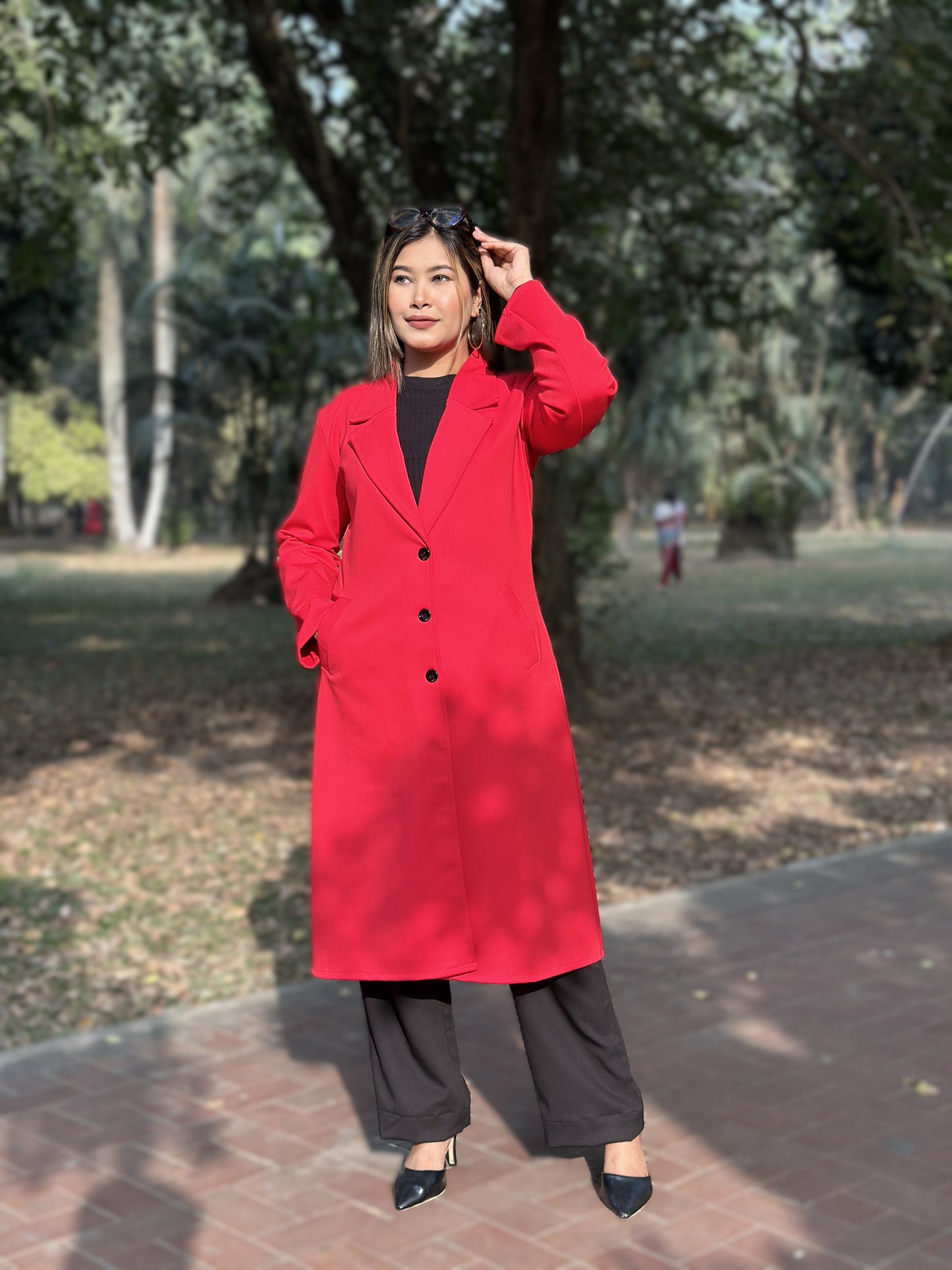 Ladies Poly Spandex Blend Overcoat – Elegant & Comfortable Winter Wear || RED