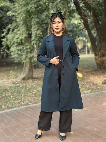 Ladies Poly Spandex Blend Overcoat – Elegant Winter Wear || Mid Night Blue