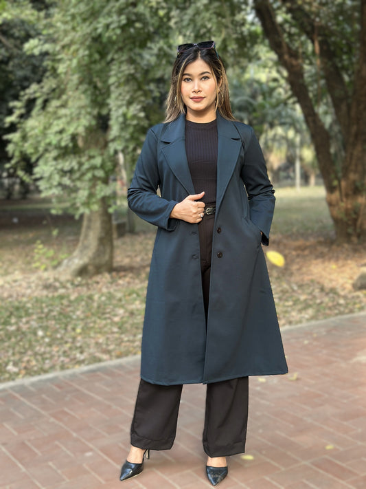 Ladies Poly Spandex Blend Overcoat – Elegant Winter Wear || Mid Night Blue