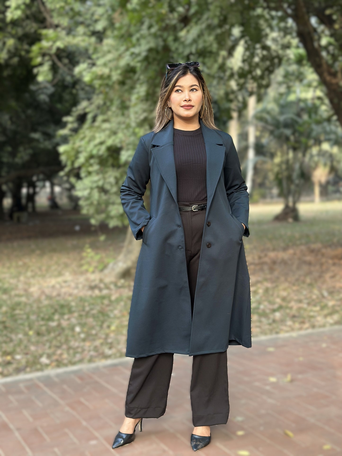 Ladies Poly Spandex Blend Overcoat – Elegant Winter Wear || Mid Night Blue