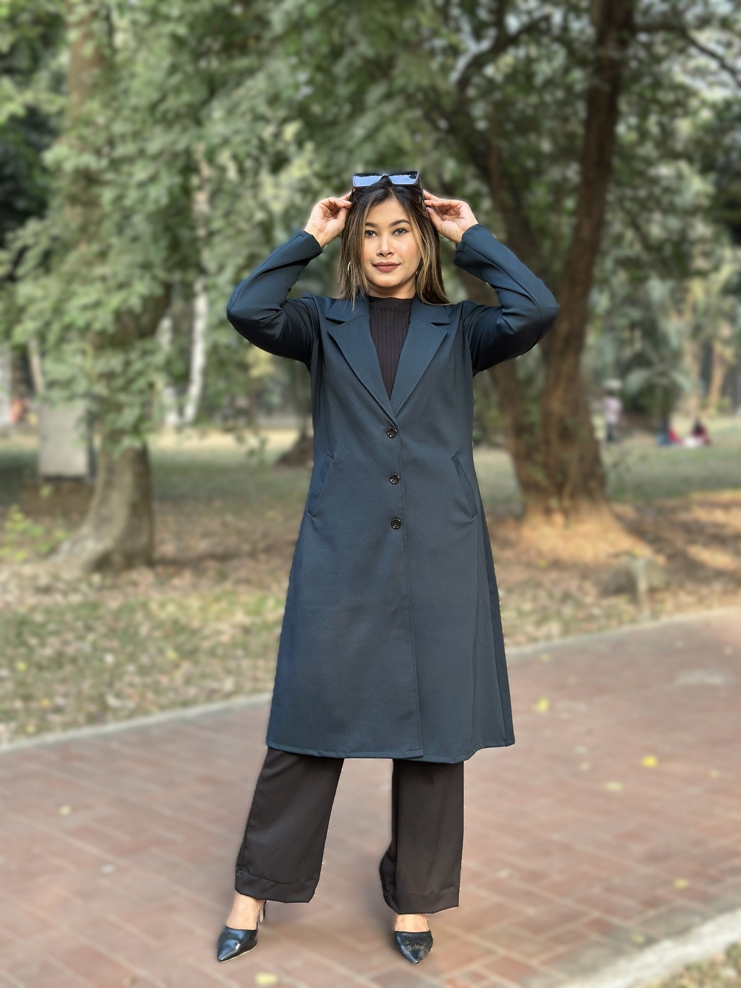 Ladies Poly Spandex Blend Overcoat – Elegant Winter Wear || Mid Night Blue