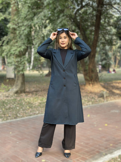 Ladies Poly Spandex Blend Overcoat – Elegant Winter Wear || Mid Night Blue