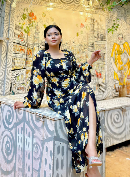 Ocean Slit Cut Gown || Long Beach Gown || Tour Gown || Black + Yellow