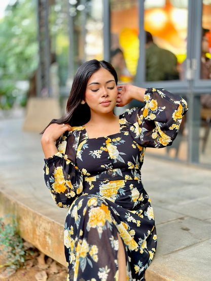 Ocean Slit Cut Gown || Long Beach Gown || Tour Gown || Black + Yellow