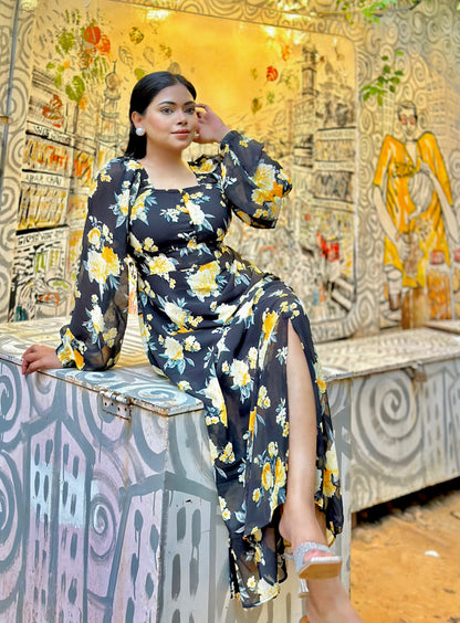 Ocean Slit Cut Gown || Long Beach Gown || Tour Gown || Black + Yellow