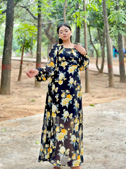 Ocean Slit Cut Gown || Long Beach Gown || Tour Gown || Black + Yellow