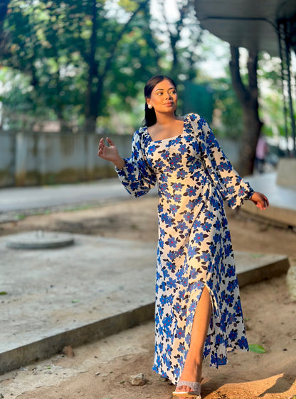 Ocean Slit Cut Gown || Long Beach Gown || Tour Gown || Blue  & White