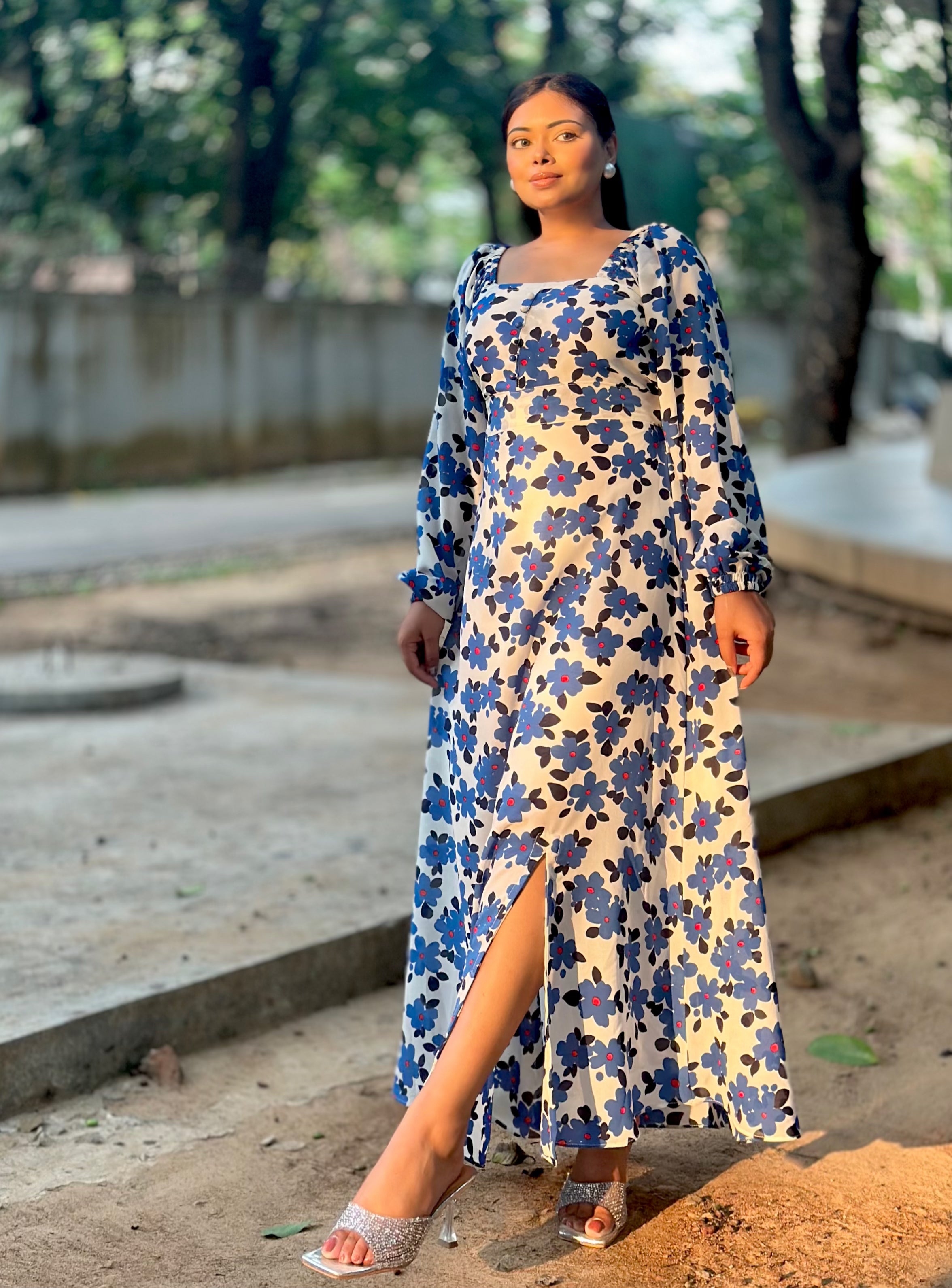 Ocean Slit Cut Gown || Long Beach Gown || Tour Gown || Blue  & White