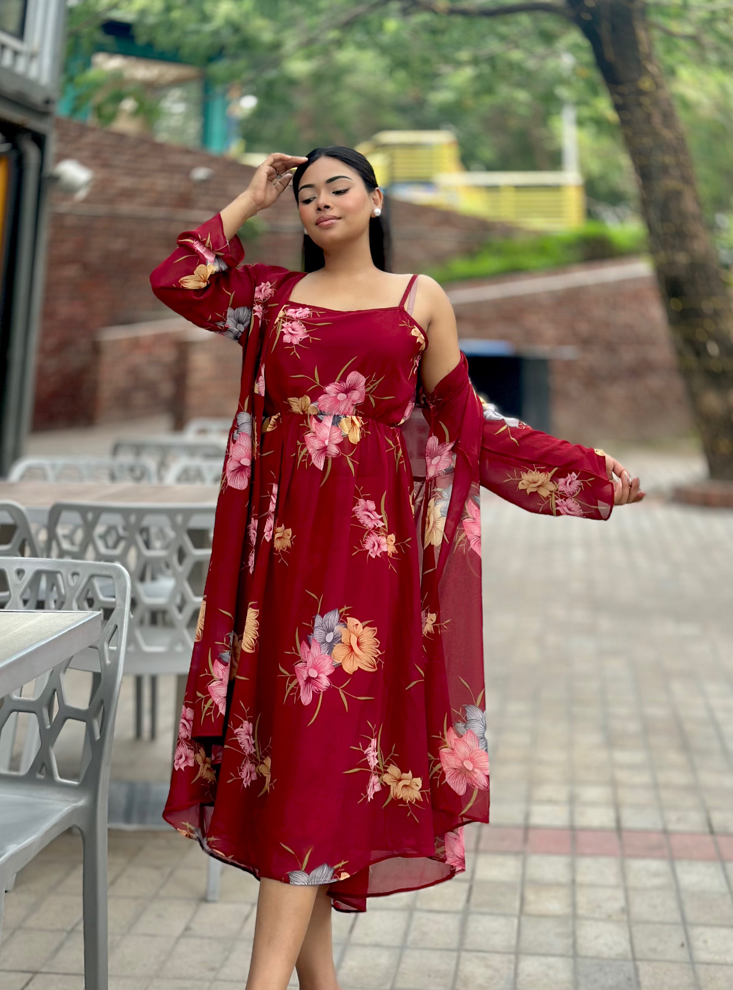 Midi Gown with Shrug Set || Koti Gown Set || Shrug + Midi || Maroon Floral