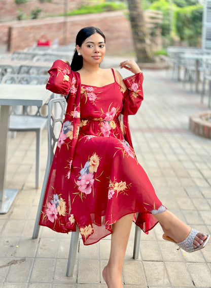 Midi Gown with Shrug Set || Koti Gown Set || Shrug + Midi || Maroon Floral