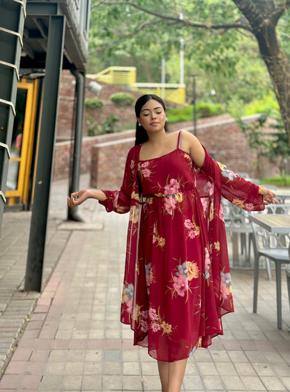 Midi Gown with Shrug Set || Koti Gown Set || Shrug + Midi || Maroon Floral