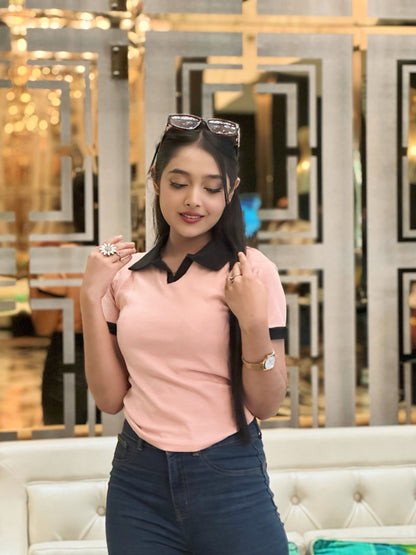 Contrast Polo T-Shirt || Pink