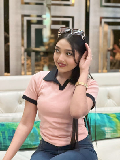 Contrast Polo T-Shirt || Pink