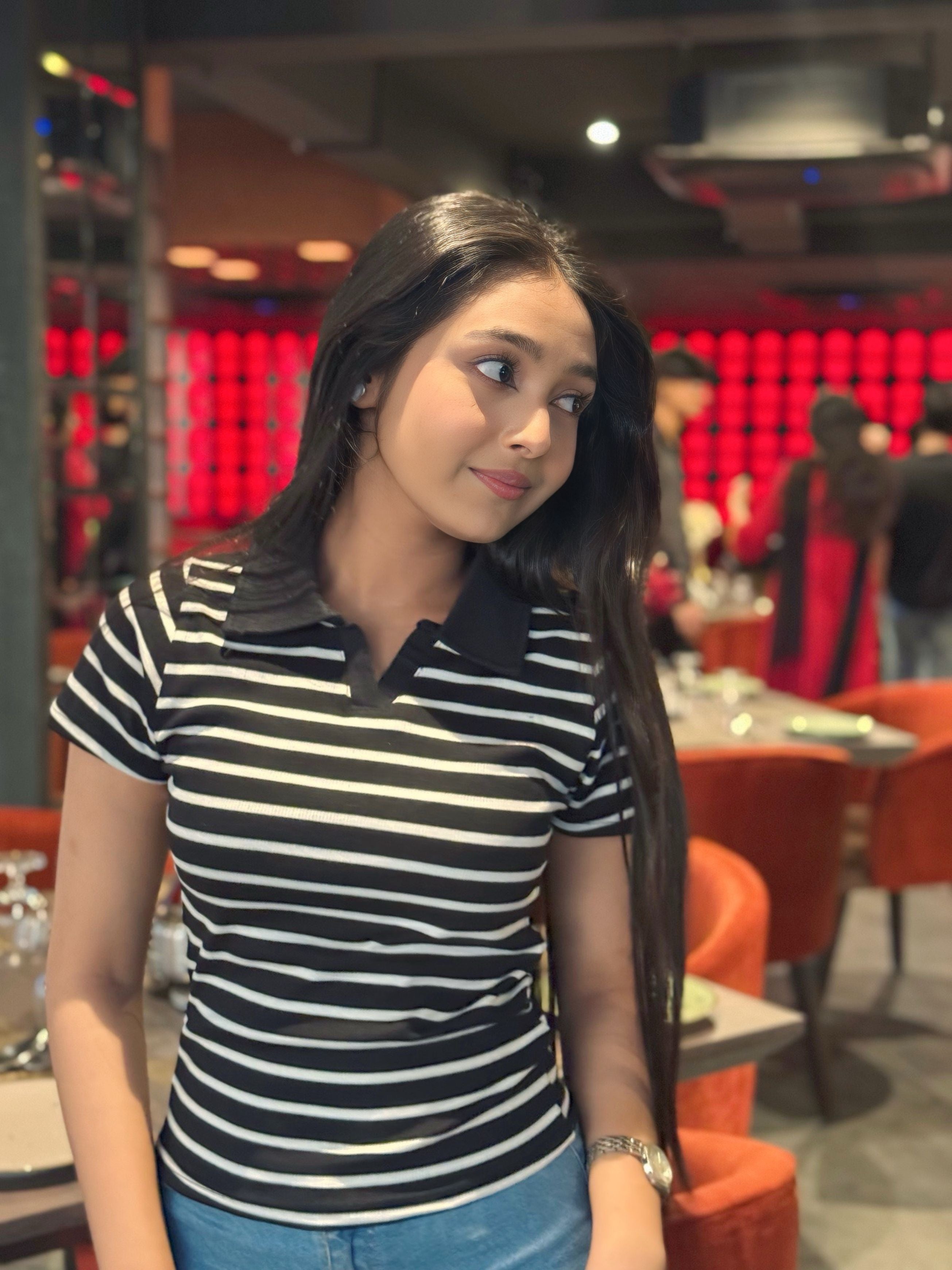 Contrast Polo T-Shirt || Black & White Stripe