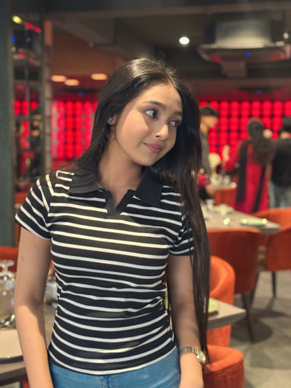 Contrast Polo T-Shirt || Black & White Stripe