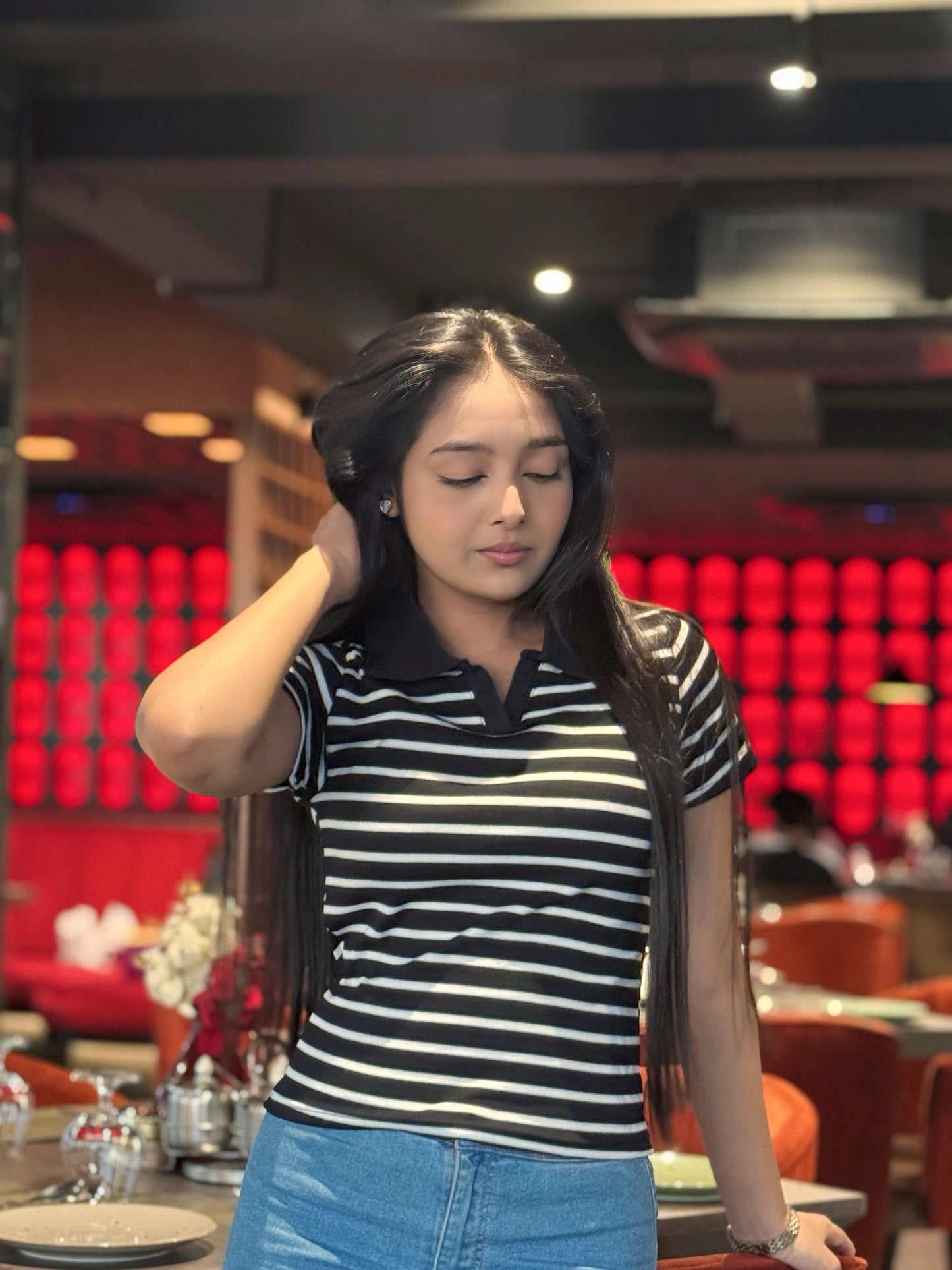 Contrast Polo T-Shirt || Black & White Stripe