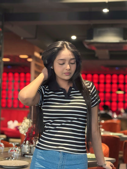 Contrast Polo T-Shirt || Black & White Stripe