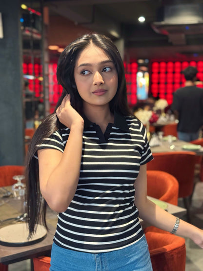Contrast Polo T-Shirt || Black & White Stripe