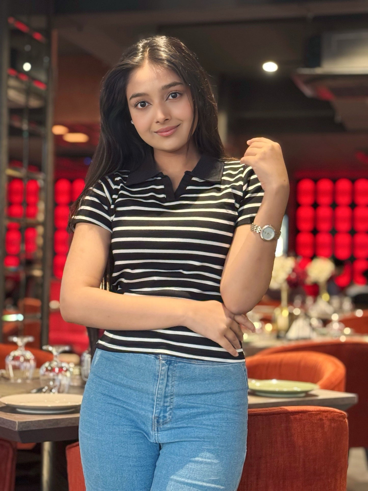 Contrast Polo T-Shirt || Black & White Stripe