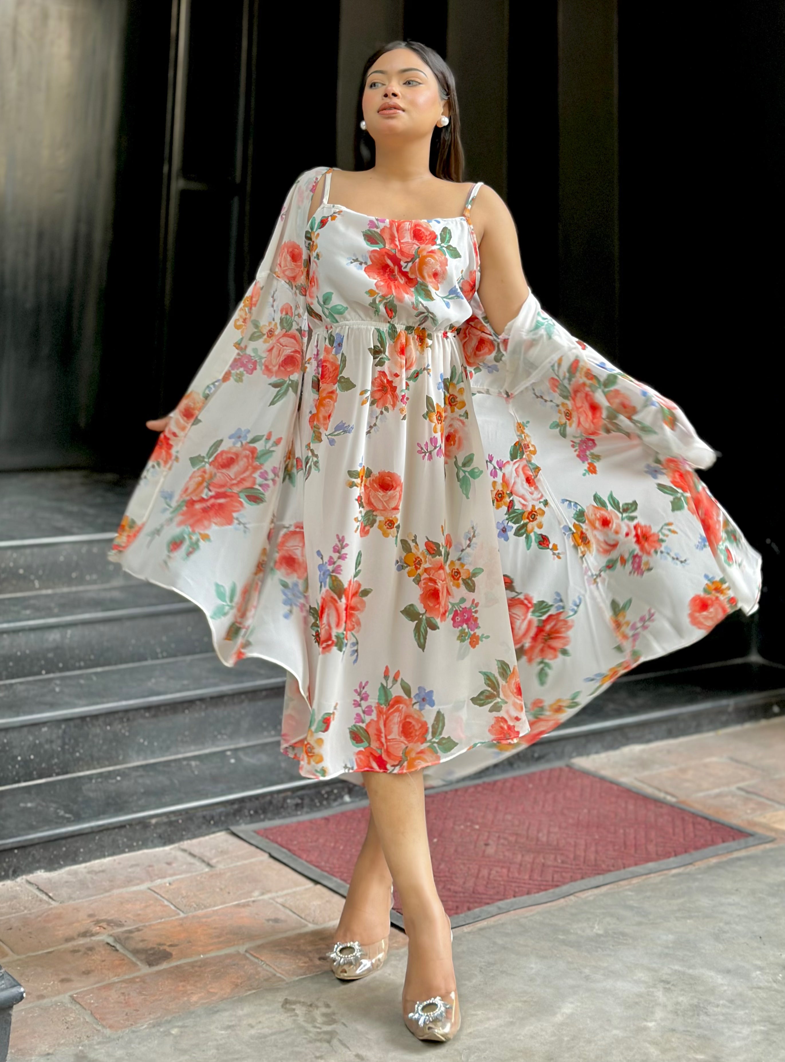 Midi Gown with Shrug Set || Koti Gown Set || Shrug + Midi || White Floral