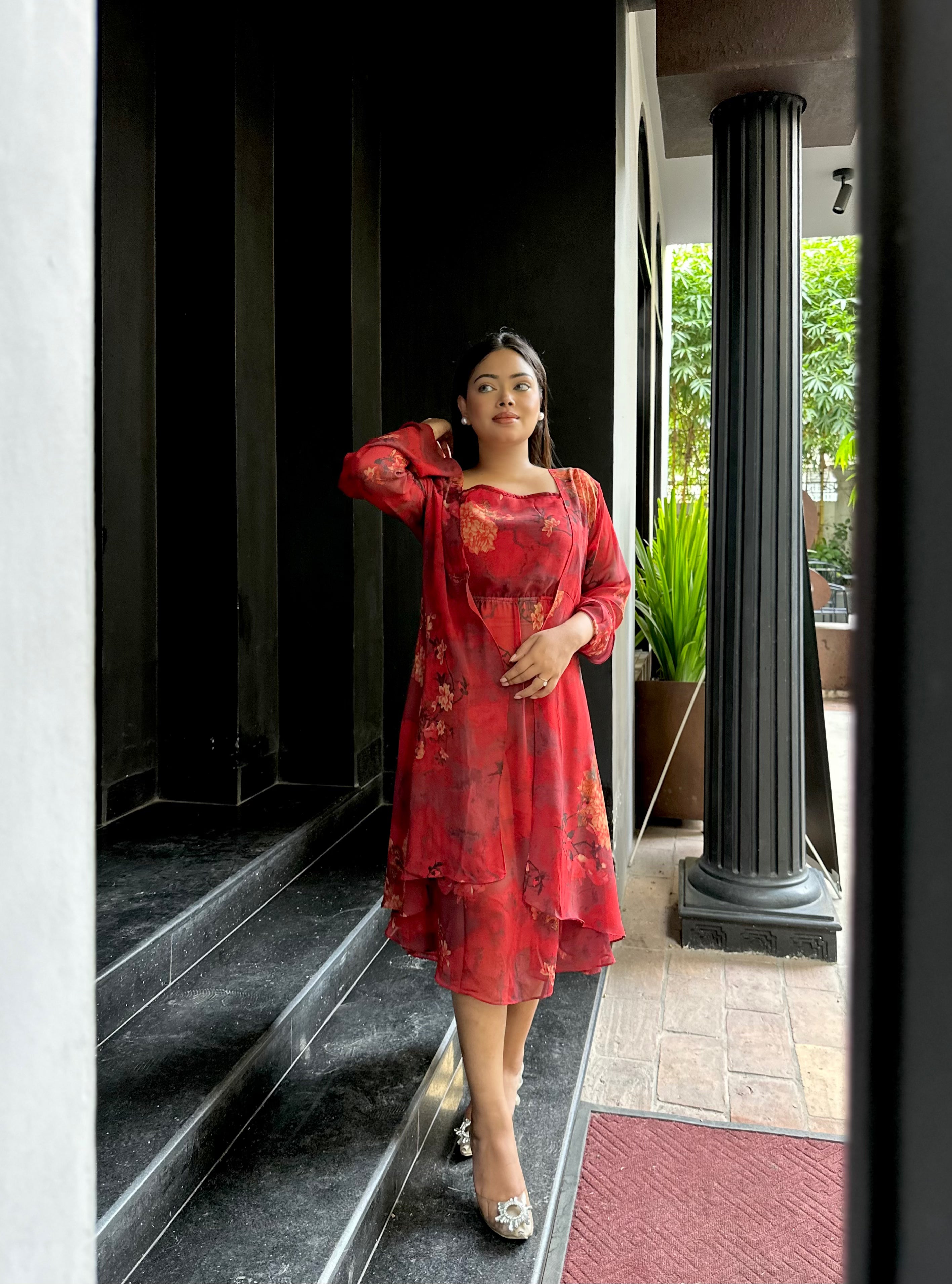 Midi Gown with Shrug Set || Koti Gown Set || Shrug + Midi || Maroon Floral