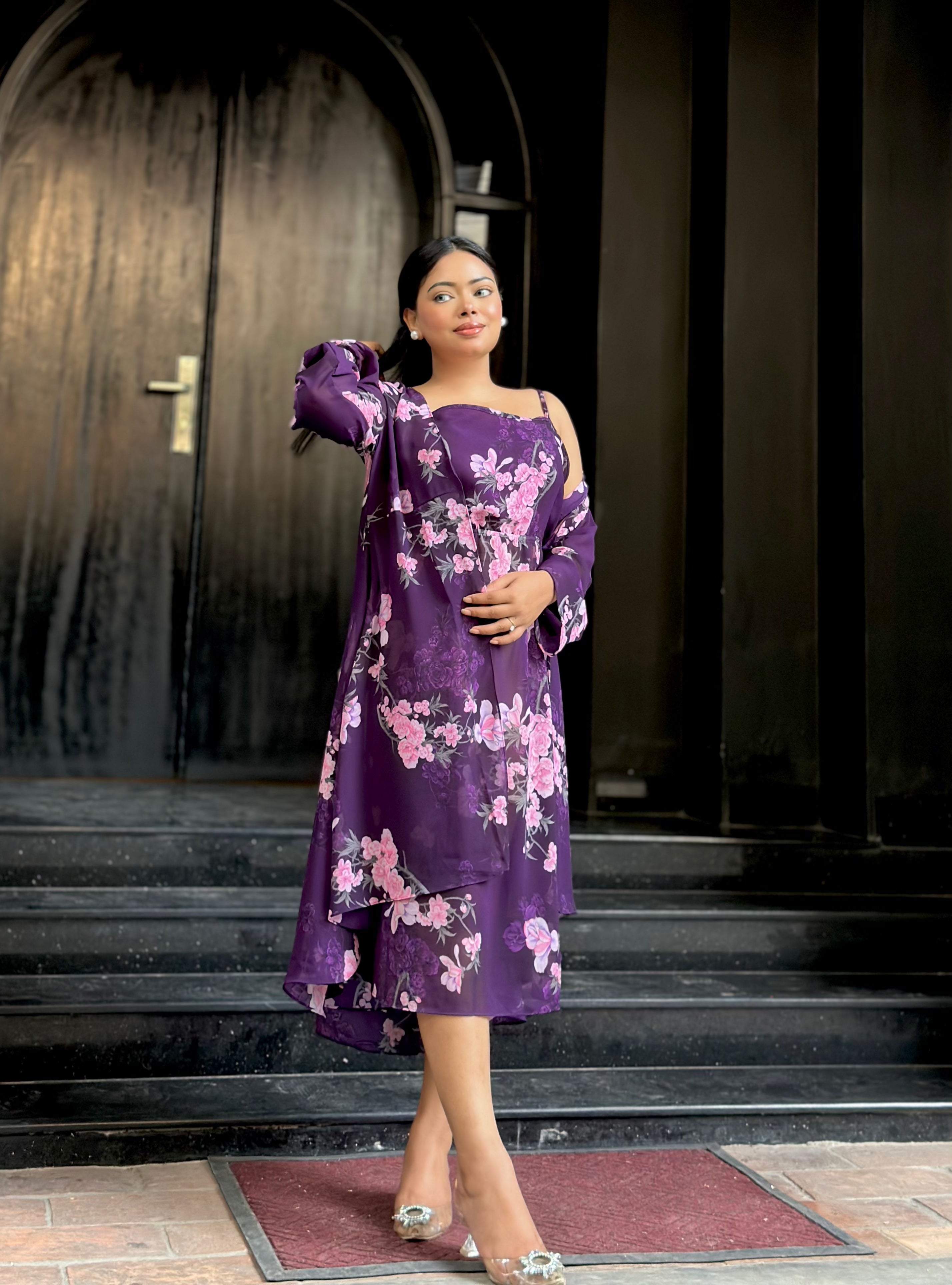 Midi Gown with Shrug Set || Koti Gown Set || Shrug + Midi || Purple Floral