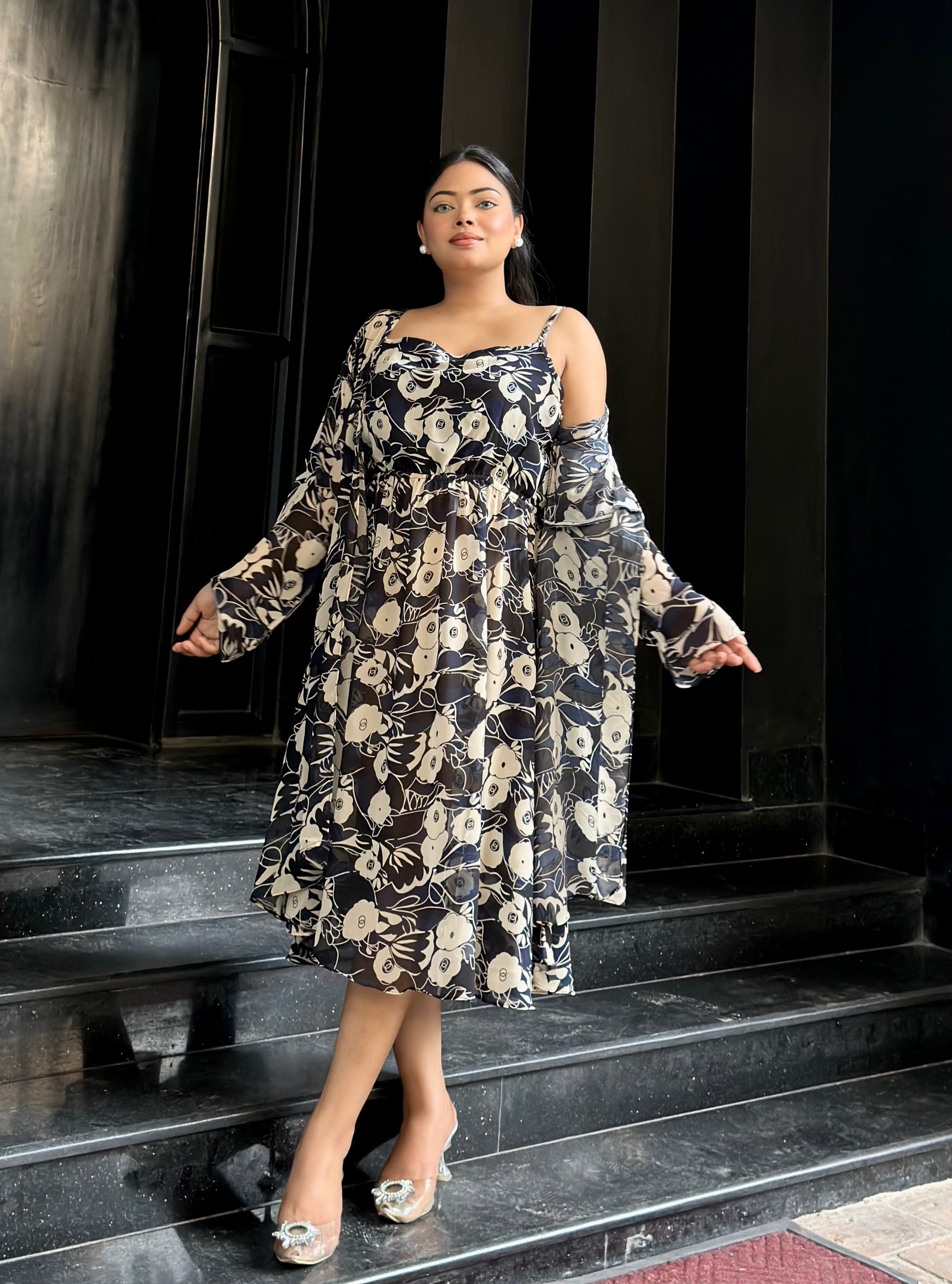 Midi Gown with Shrug Set || Koti Gown Set || Shrug + Midi || Black Floral