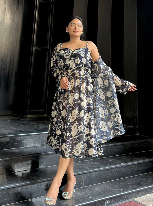 Midi Gown with Shrug Set || Koti Gown Set || Shrug + Midi || Black Floral