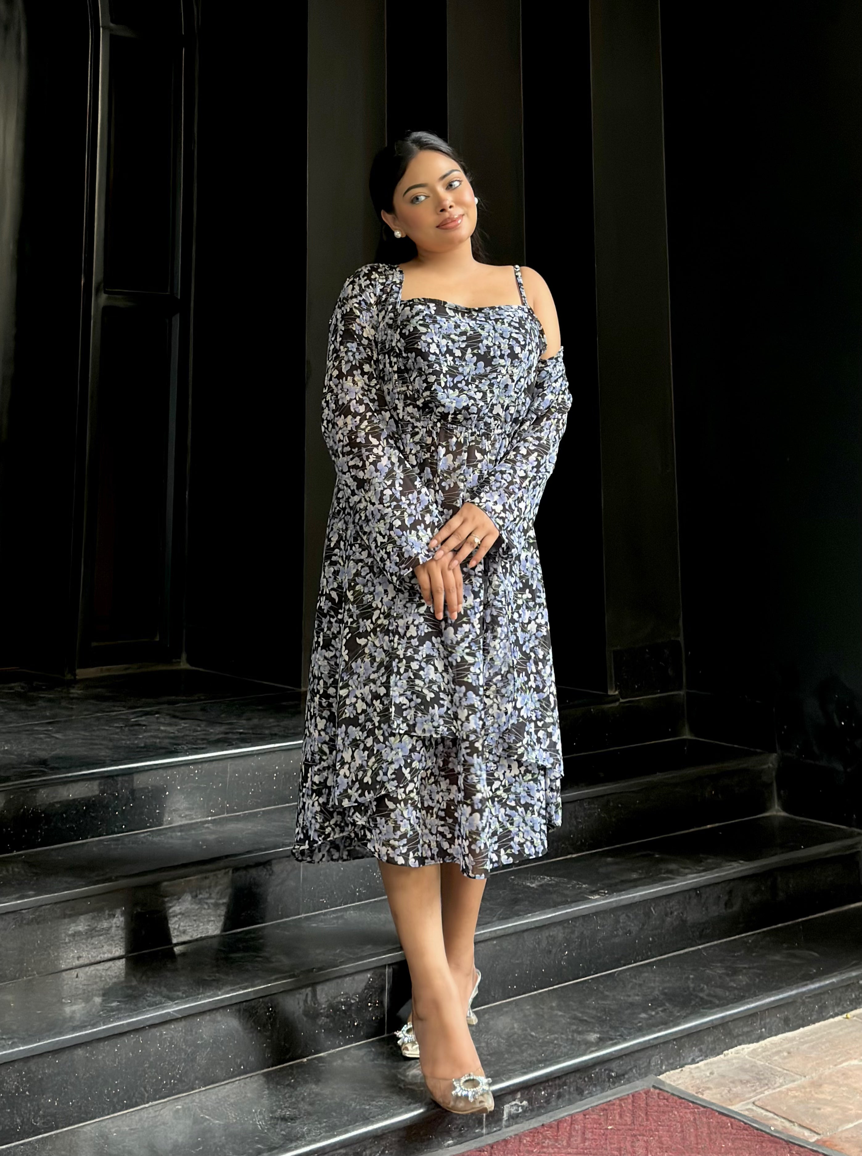 Midi Gown with Shrug Set || Koti Gown Set || Shrug + Midi || Black Blue Floral