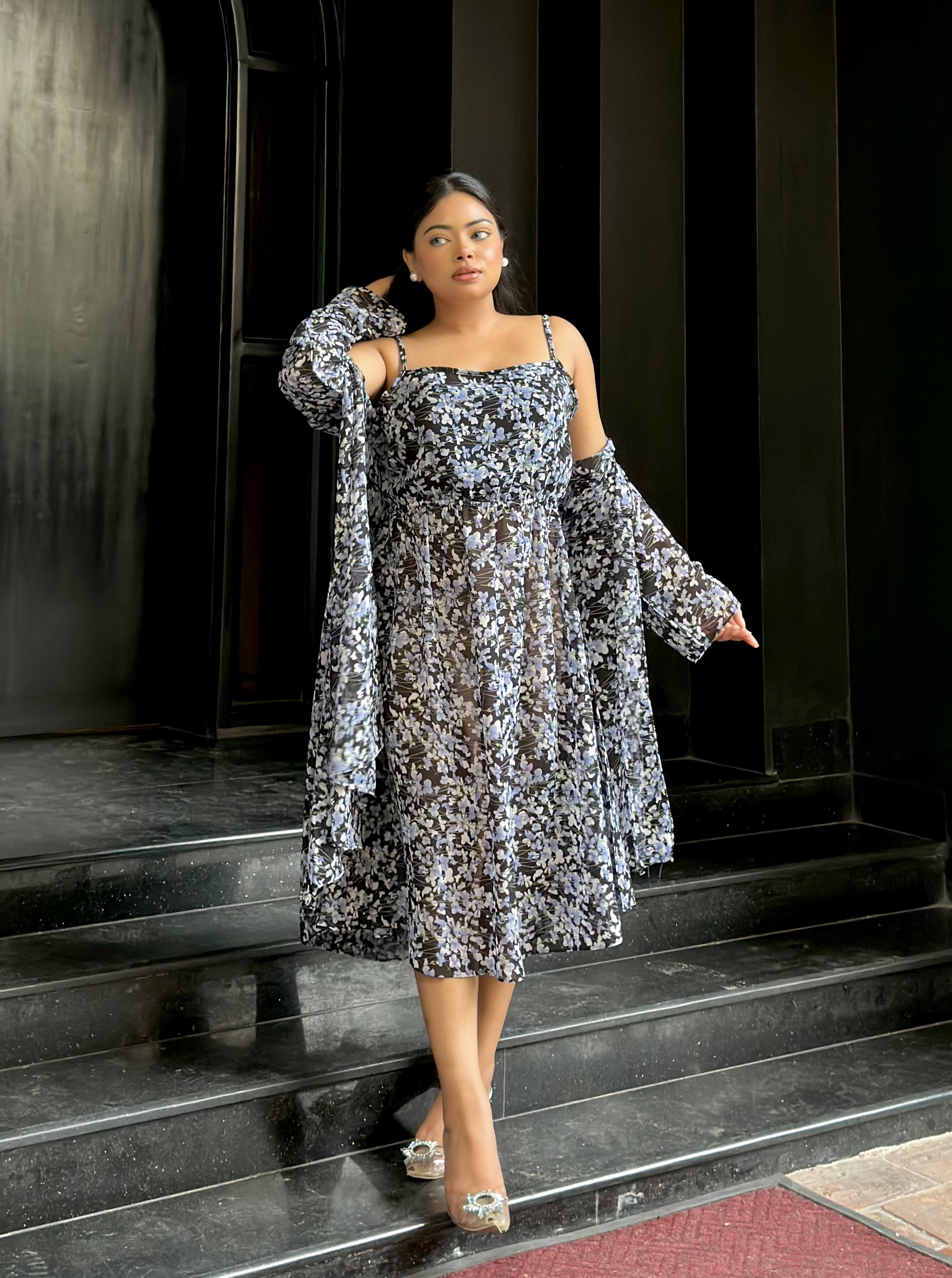 Midi Gown with Shrug Set || Koti Gown Set || Shrug + Midi || Black Blue Floral