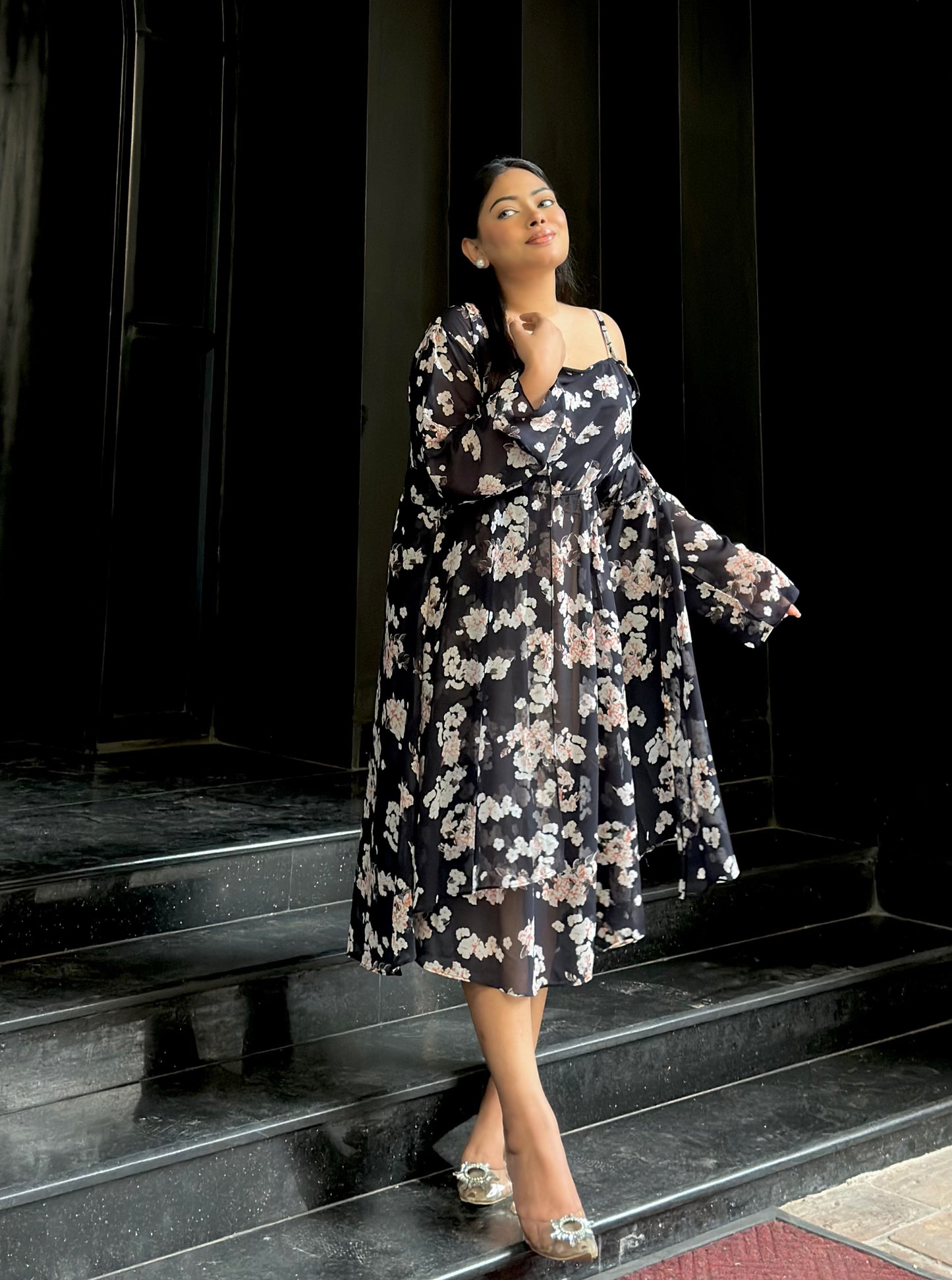 Midi Gown with Shrug Set || Koti Gown Set || Shrug + Midi || Black White Floral