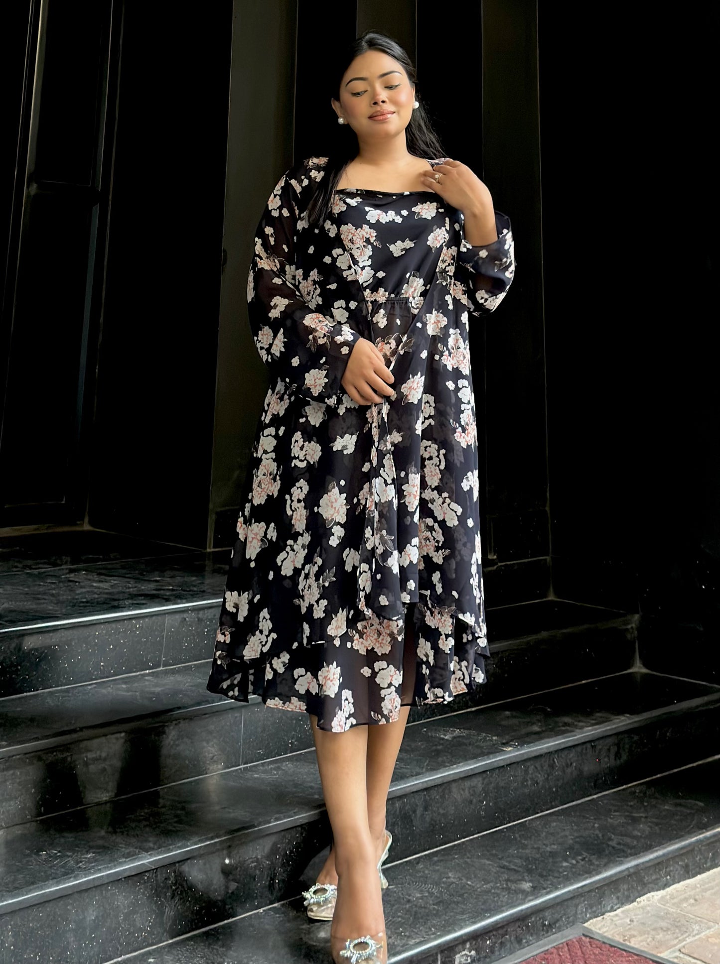 Midi Gown with Shrug Set || Koti Gown Set || Shrug + Midi || Black White Floral