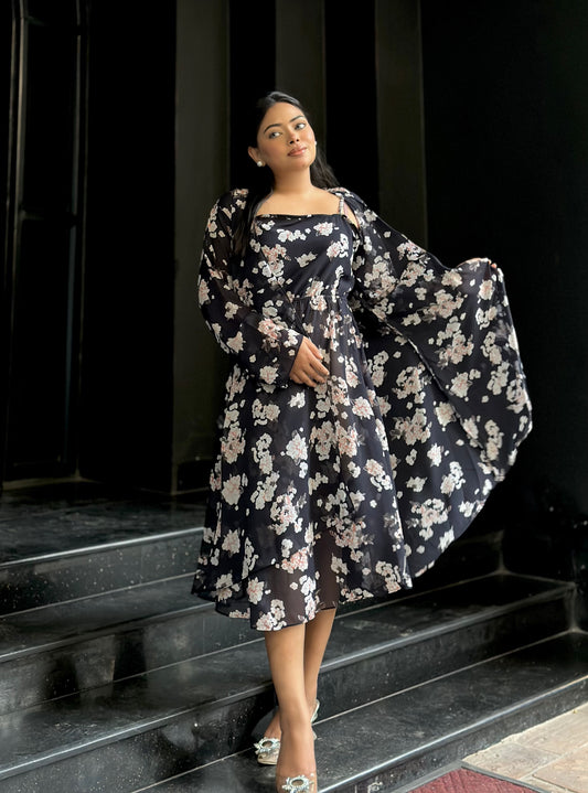 Midi Gown with Shrug Set || Koti Gown Set || Shrug + Midi || Black White Floral