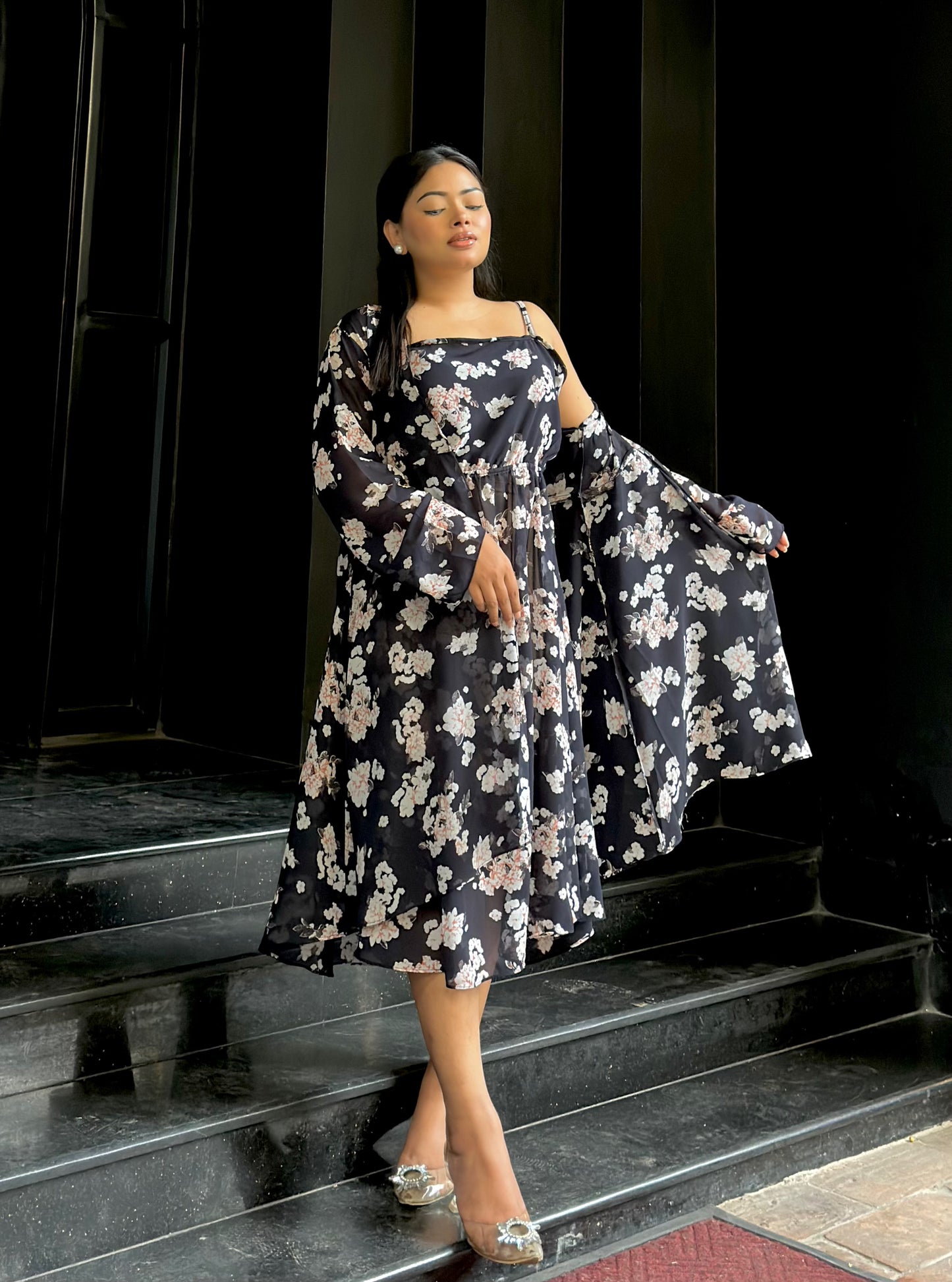 Midi Gown with Shrug Set || Koti Gown Set || Shrug + Midi || Black White Floral