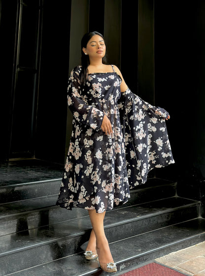Midi Gown with Shrug Set || Koti Gown Set || Shrug + Midi || Black White Floral