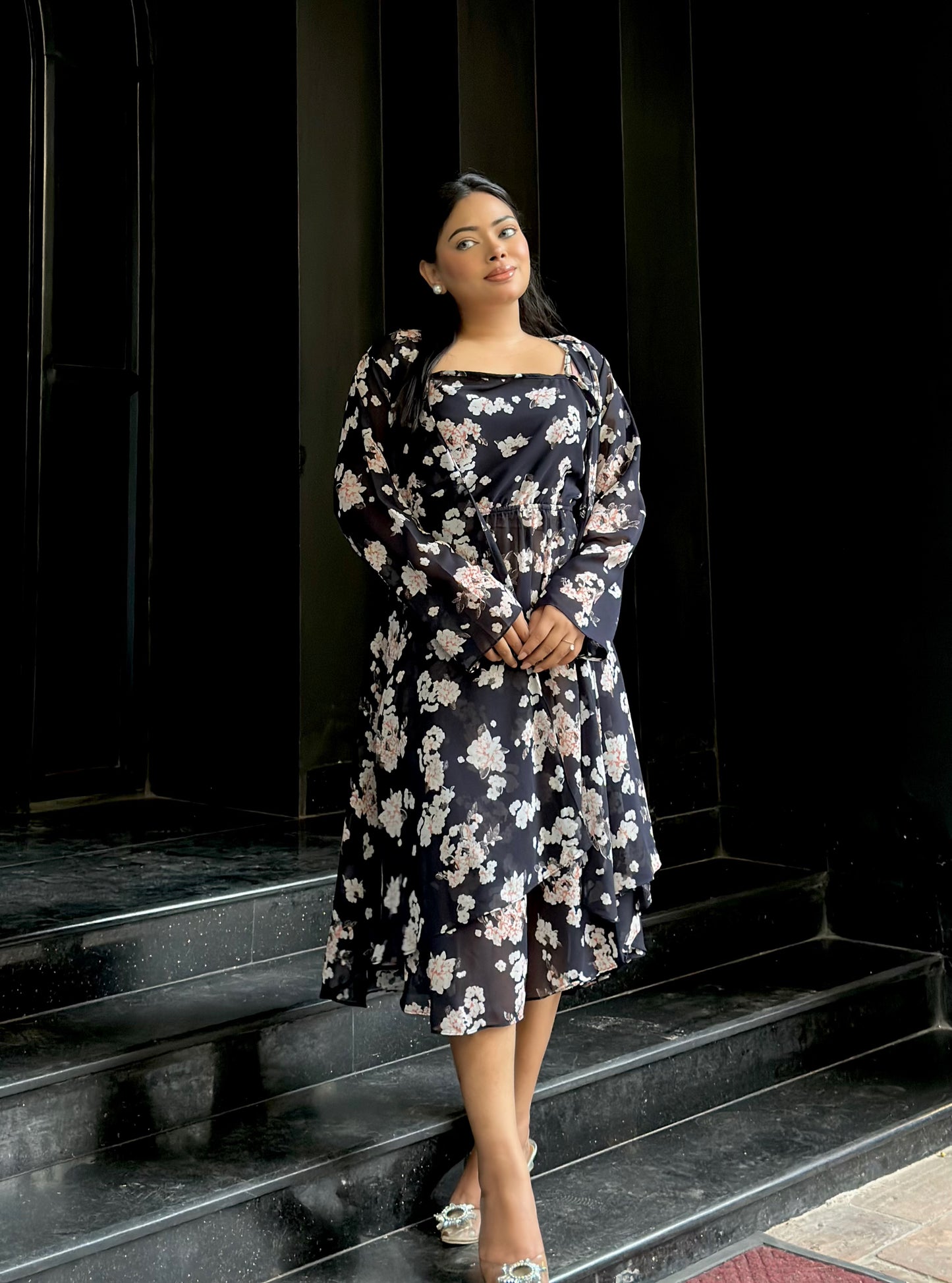 Midi Gown with Shrug Set || Koti Gown Set || Shrug + Midi || Black White Floral