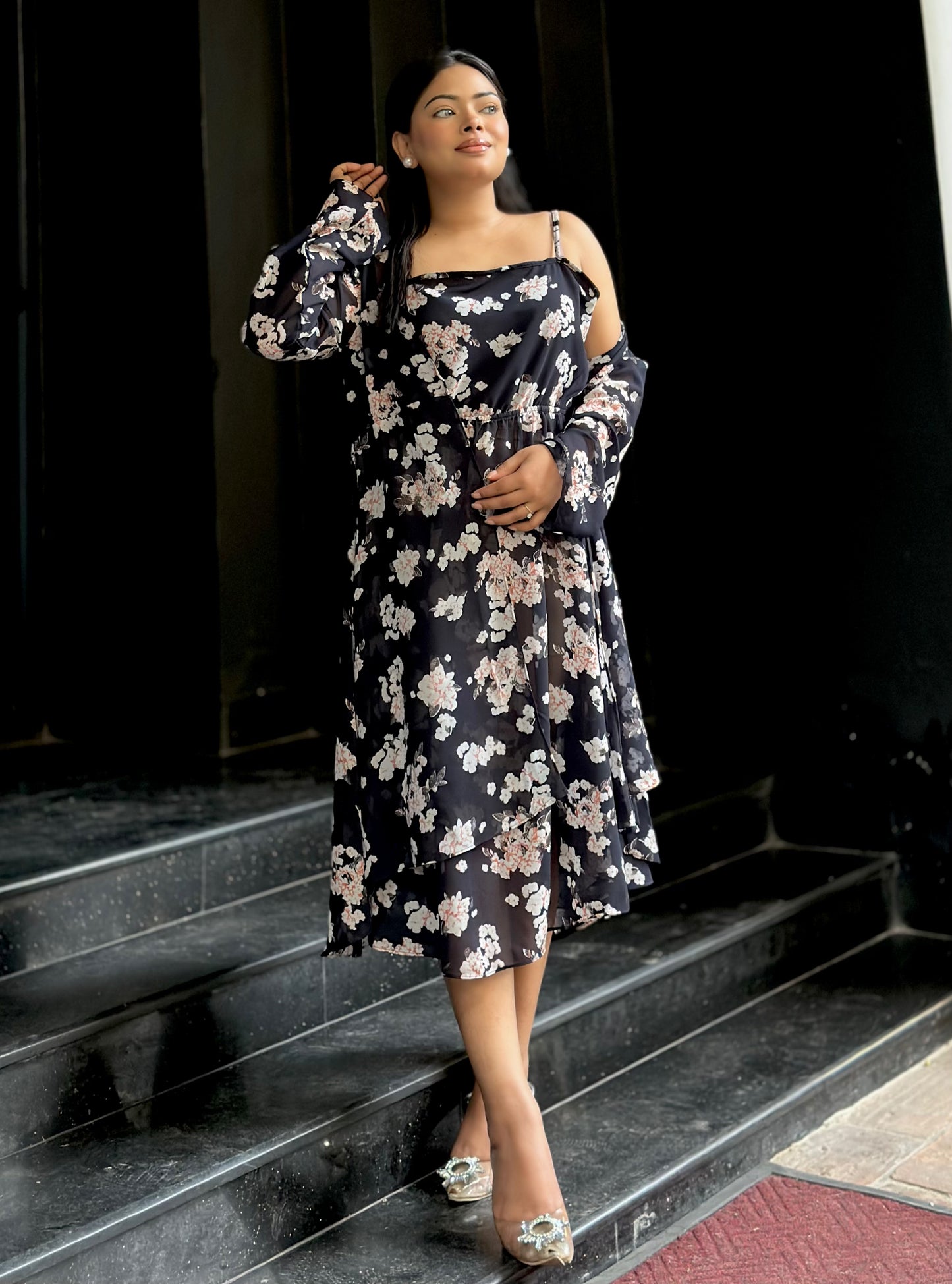 Midi Gown with Shrug Set || Koti Gown Set || Shrug + Midi || Black White Floral