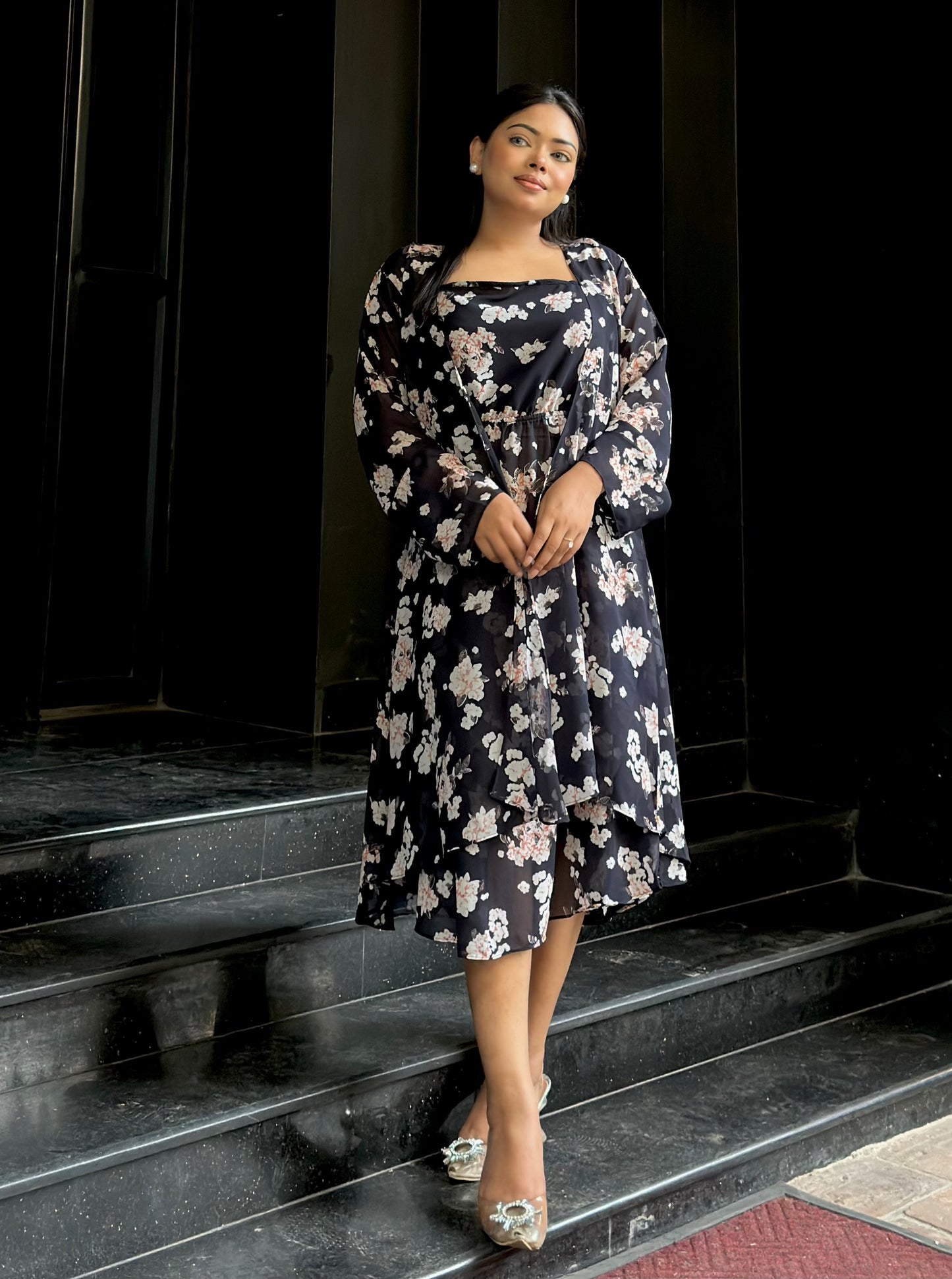 Midi Gown with Shrug Set || Koti Gown Set || Shrug + Midi || Black White Floral