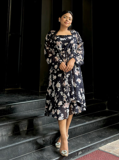 Midi Gown with Shrug Set || Koti Gown Set || Shrug + Midi || Black White Floral