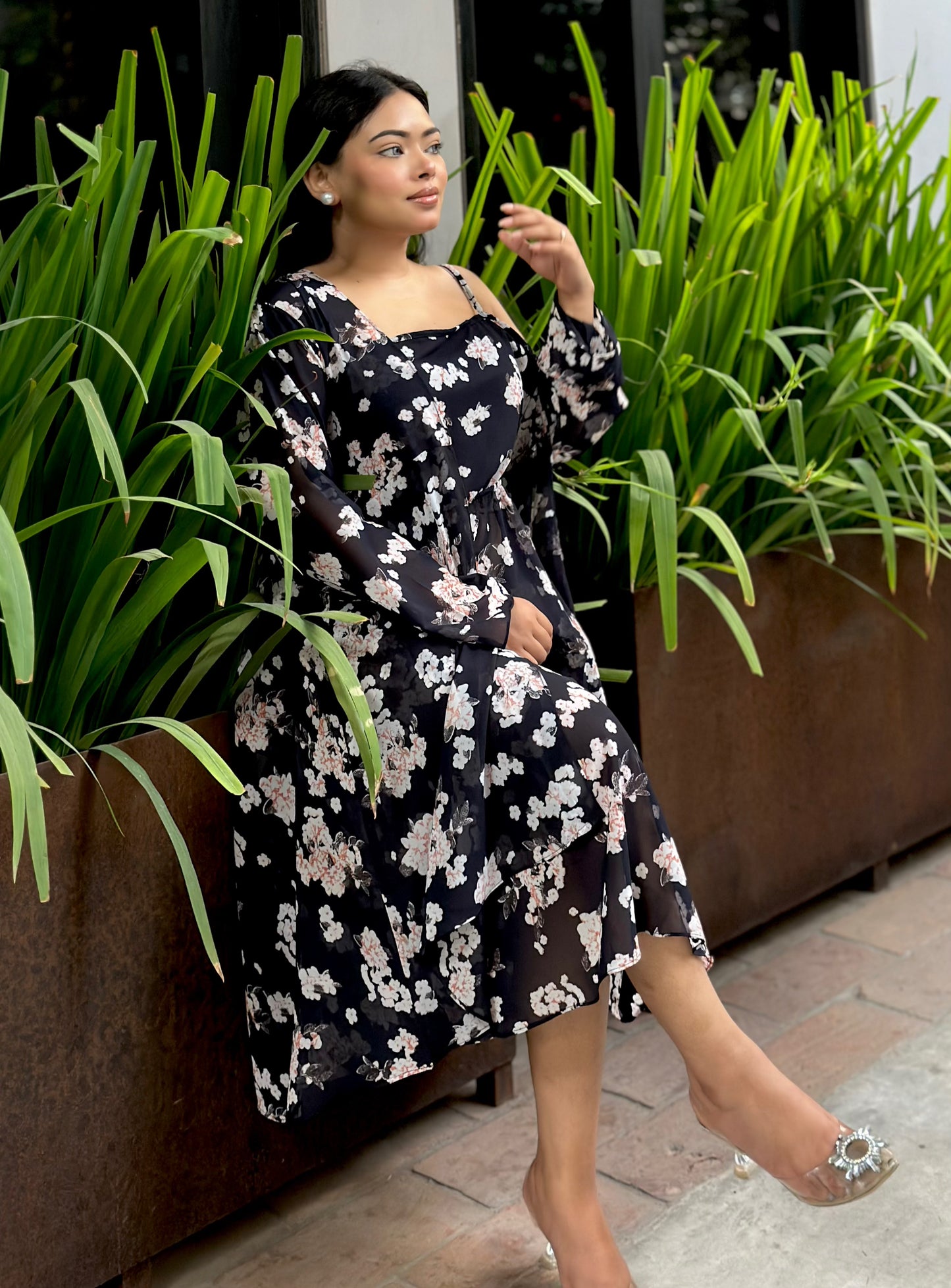 Midi Gown with Shrug Set || Koti Gown Set || Shrug + Midi || Black White Floral