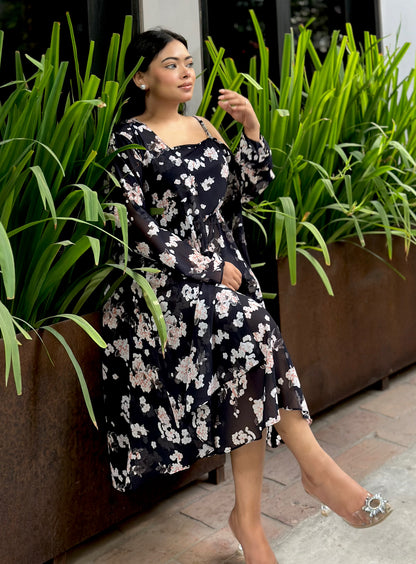 Midi Gown with Shrug Set || Koti Gown Set || Shrug + Midi || Black White Floral