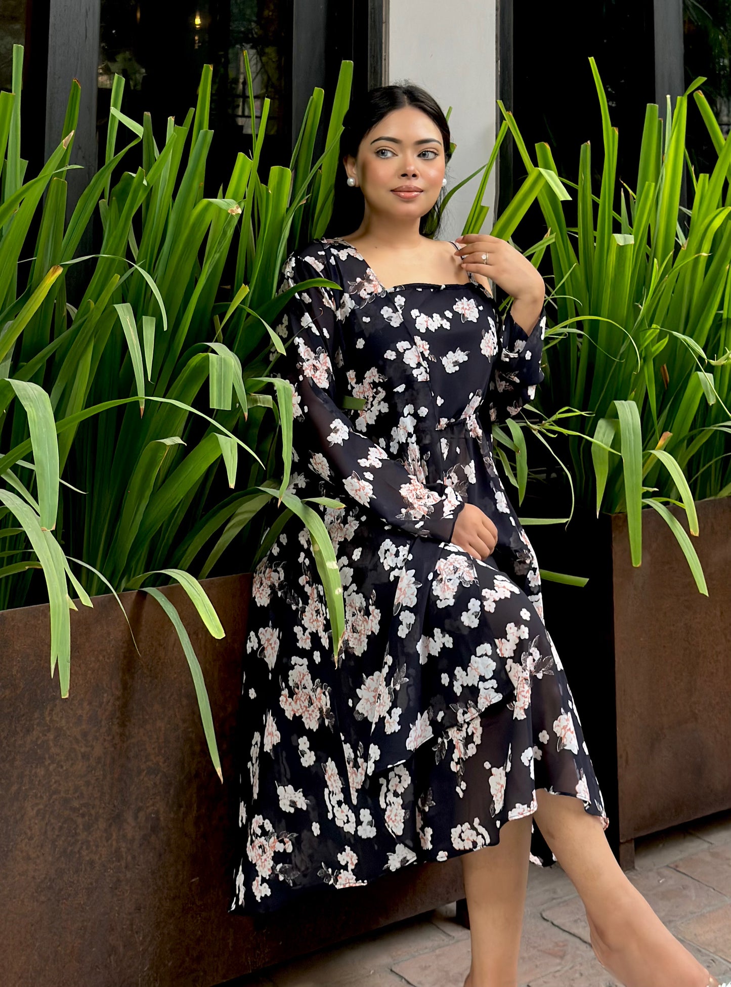 Midi Gown with Shrug Set || Koti Gown Set || Shrug + Midi || Black White Floral