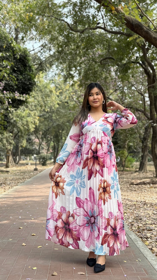 Pleated Gown || Long Beach Gown || Tour Gown || Alia Cut Gown ||  Floral