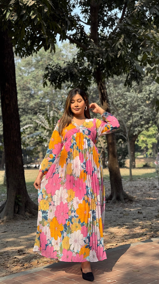 Pleated Gown || Long Beach Gown || Tour Gown || Alia Cut Gown ||  Multi Floral