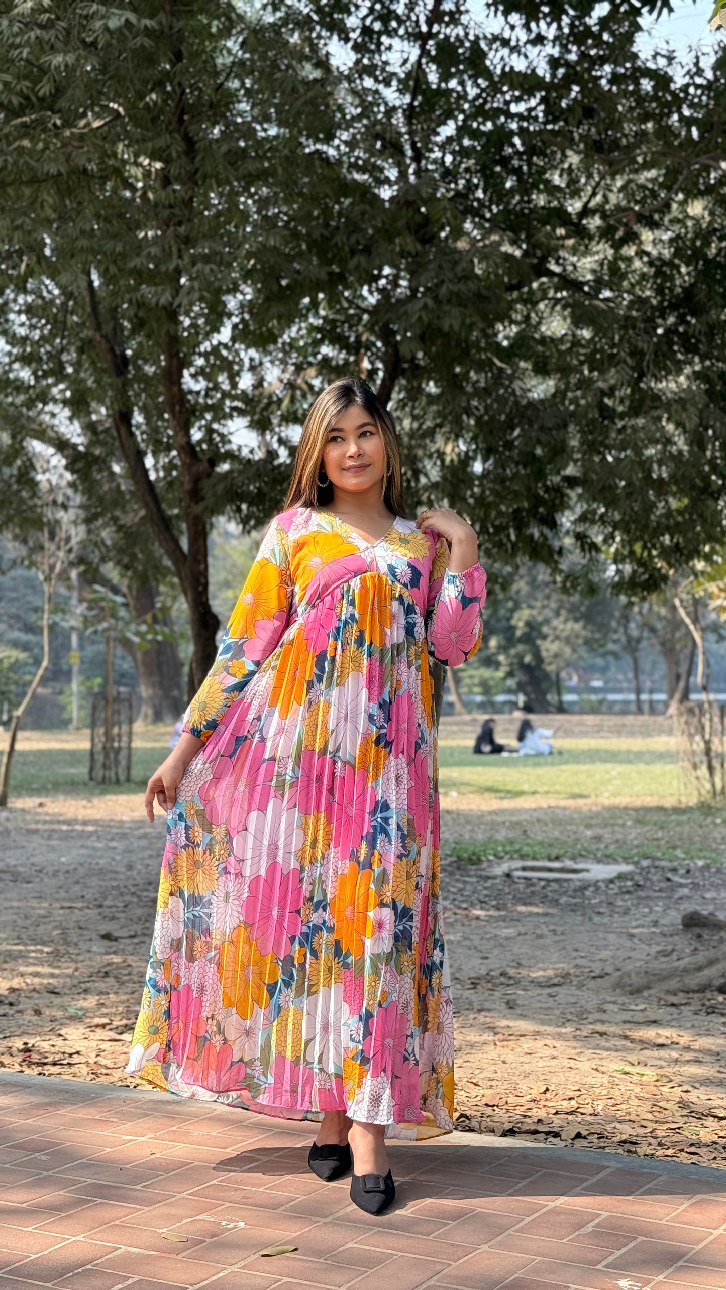 Pleated Gown || Long Beach Gown || Tour Gown || Alia Cut Gown ||  Multi Floral