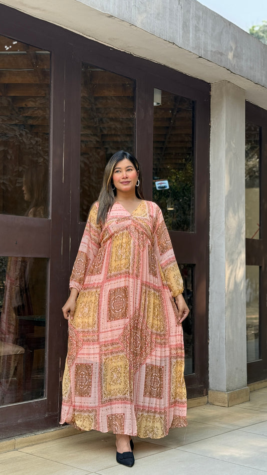 Pleated Gown || Long Beach Gown || Tour Gown || Alia Cut Gown ||  Soft Orange